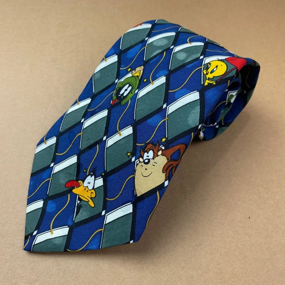 VTG 1995 Looney Tunes Mania Men OS Blue Polyester Bugs Bunny Taz Character Tie